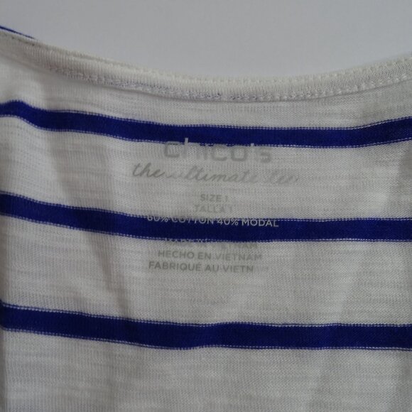 Chicos The Ultimate Tee Open Cardigan Stripe White Blue Women Size 1 M 8 NEW - Picture 4 of 13